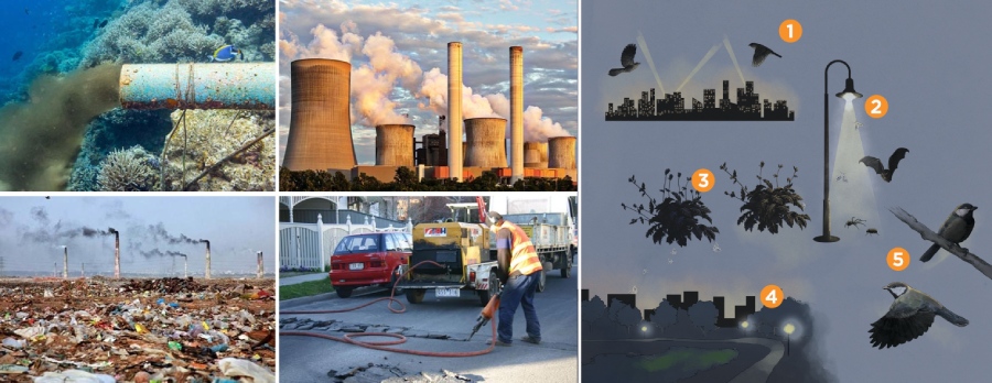 What are the different types of pollution affecting the environment and atmosphere
